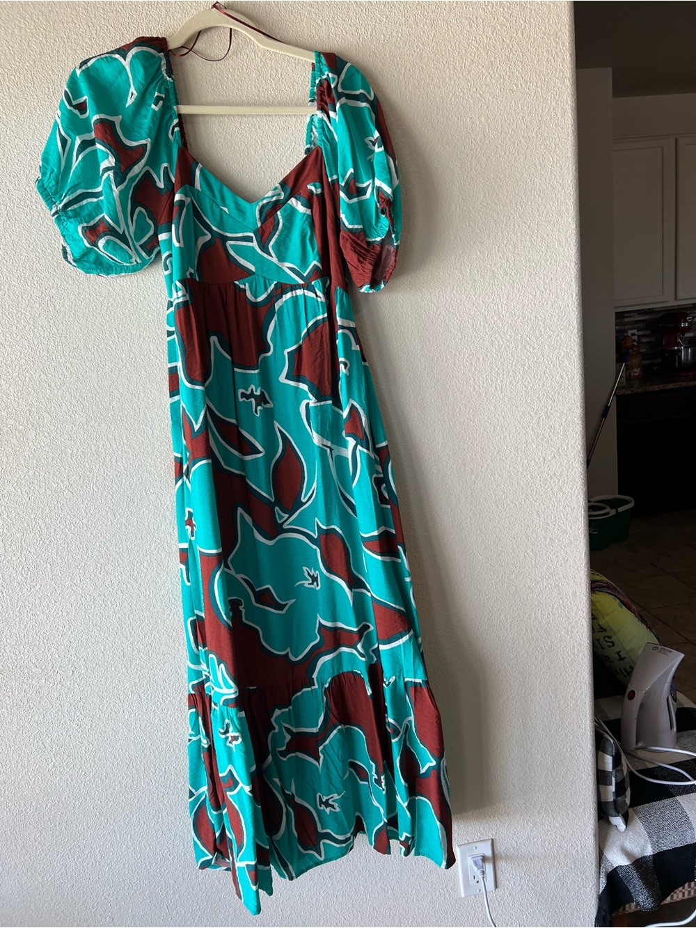 Nine West Teal and Brown Puff Sleeve Maxi Dress